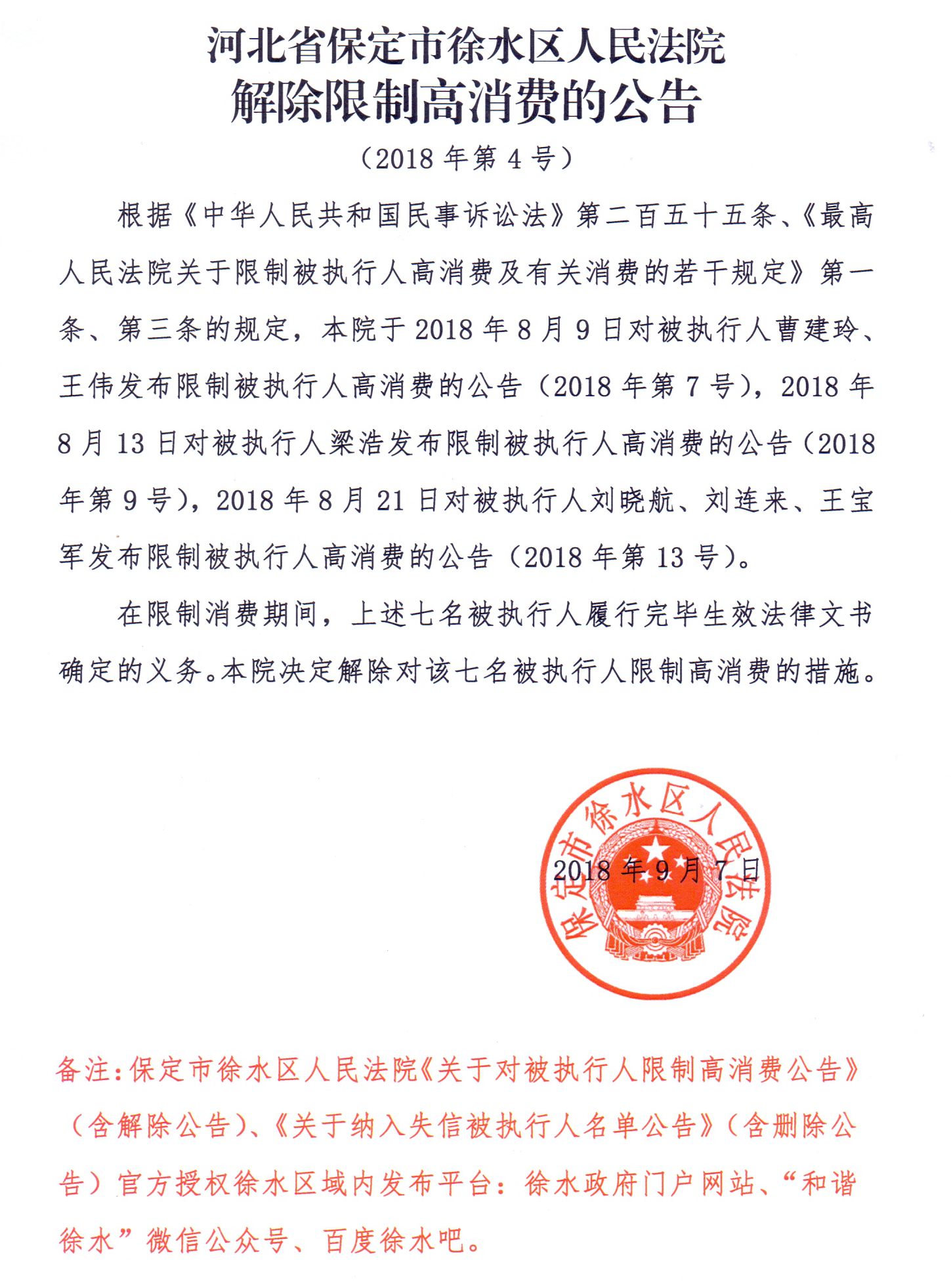 河北省保定市徐水区人民法院解除限制高消费的公告(2018年第4号)-保定